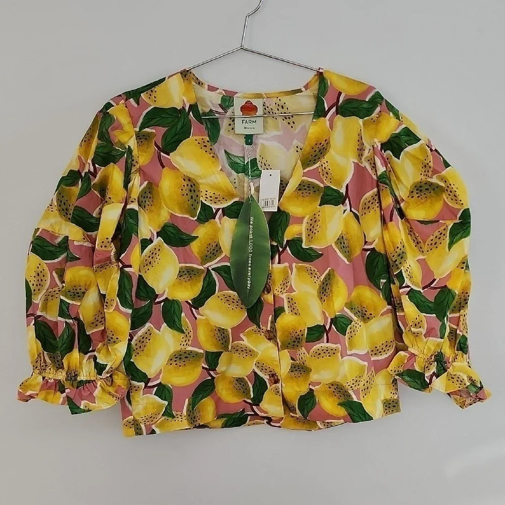 Farm Rio Fresh Lemons Puff Sleeves Shirt Womens Small Yellow Tropical Boho NWT